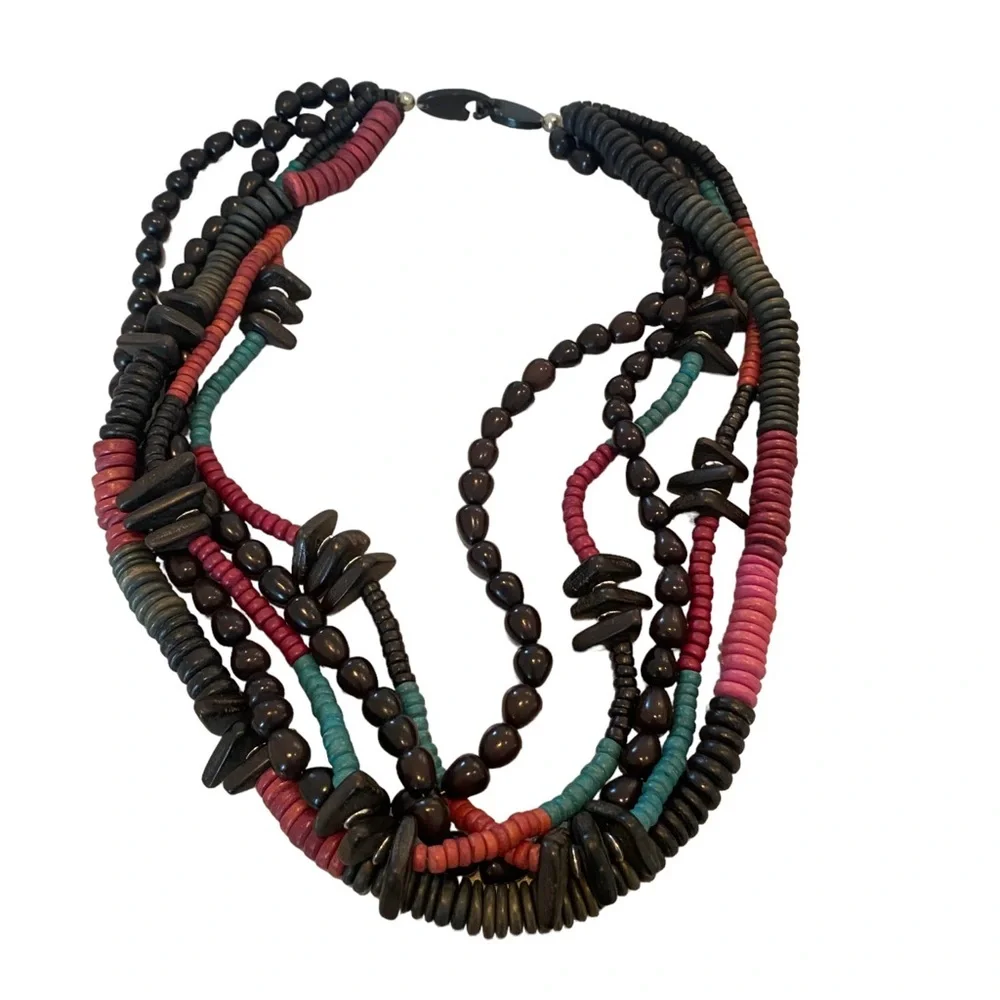 Wooden tribal multi strand multicolor necklace black red 11”